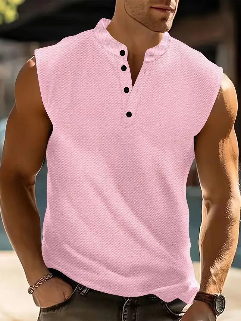 Karsten | Men's Band Collar Button Front Sleeveless Slim Fit T-Shirt