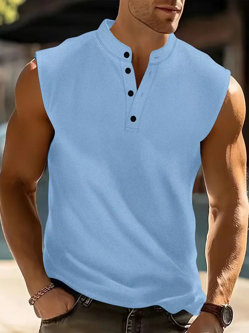 Karsten | Men's Band Collar Button Front Sleeveless Slim Fit T-Shirt