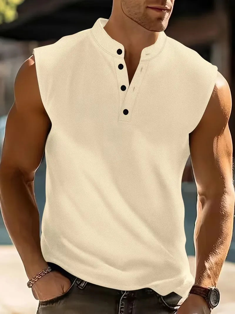 Karsten | Men's Band Collar Button Front Sleeveless Slim Fit T-Shirt
