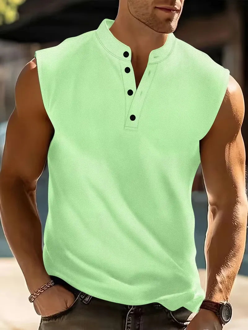 Karsten | Men's Band Collar Button Front Sleeveless Slim Fit T-Shirt
