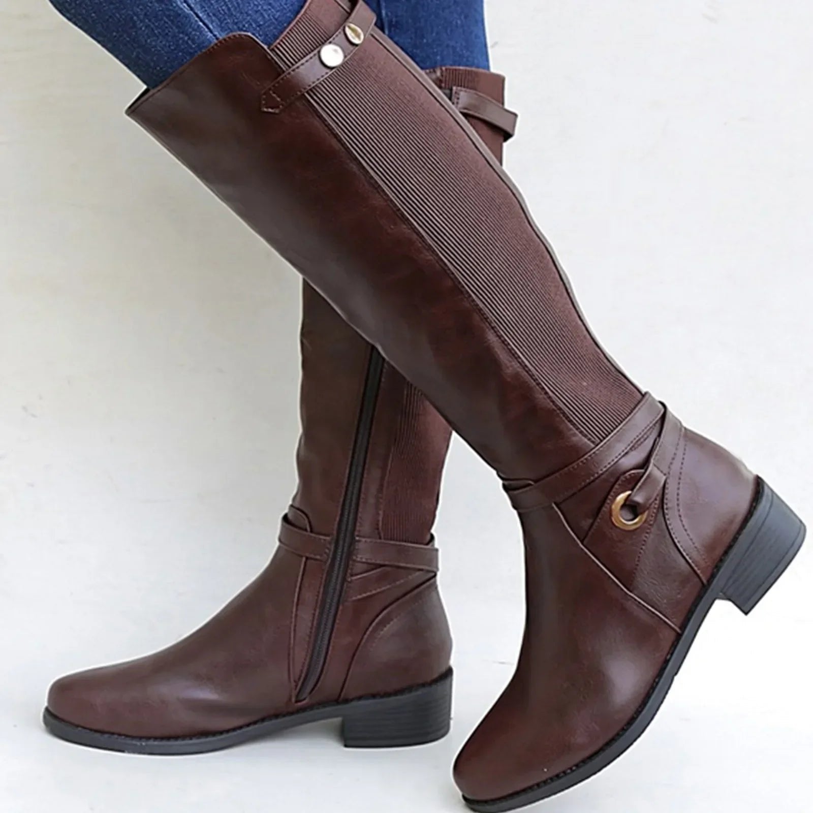 Penelope | Women's Zip Up Knee High Buckle Boots