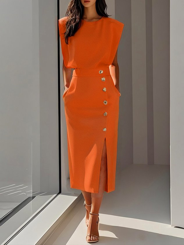 Kathleen | Women's Round Neck Front Slit Sleeveless Midi Dress