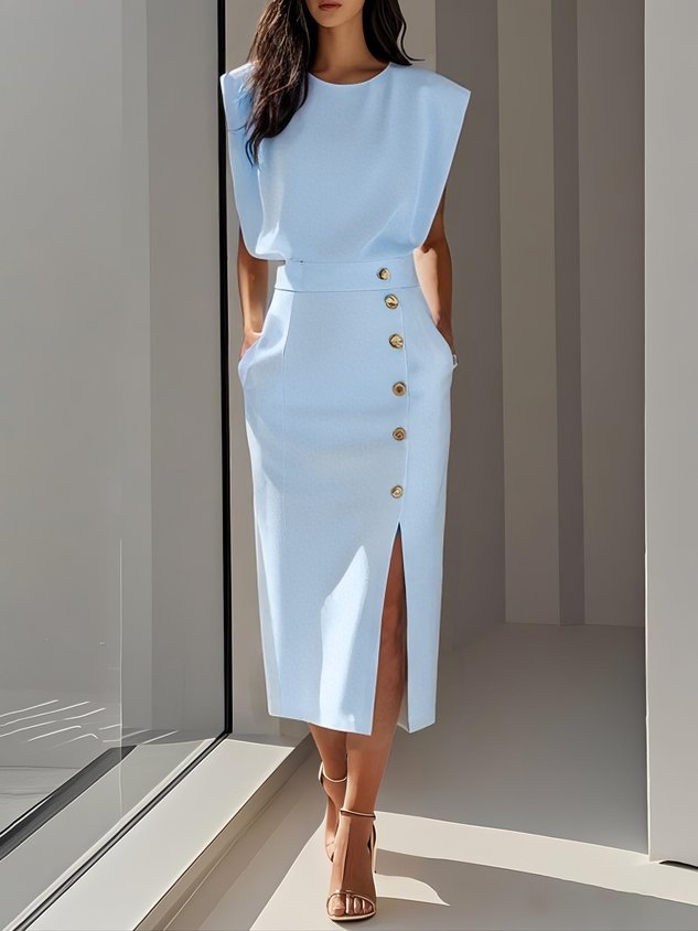 Kathleen | Women's Round Neck Front Slit Sleeveless Midi Dress