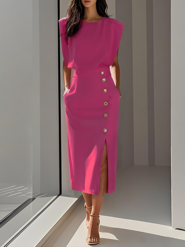 Kathleen | Women's Round Neck Front Slit Sleeveless Midi Dress
