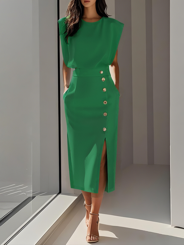 Kathleen | Women's Round Neck Front Slit Sleeveless Midi Dress