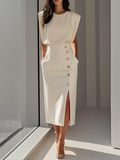 Kathleen | Women's Round Neck Front Slit Sleeveless Midi Dress