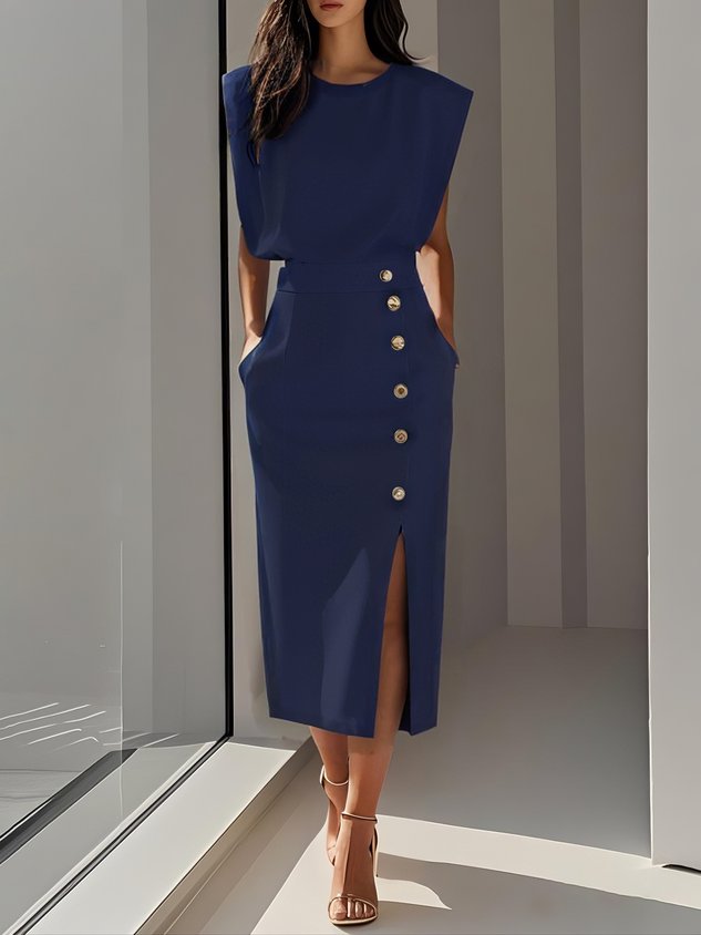 Kathleen | Women's Round Neck Front Slit Sleeveless Midi Dress