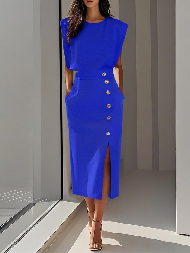 Kathleen | Women's Round Neck Front Slit Sleeveless Midi Dress