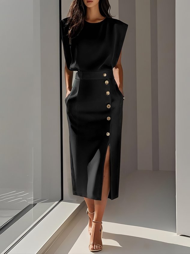 Kathleen | Women's Round Neck Front Slit Sleeveless Midi Dress