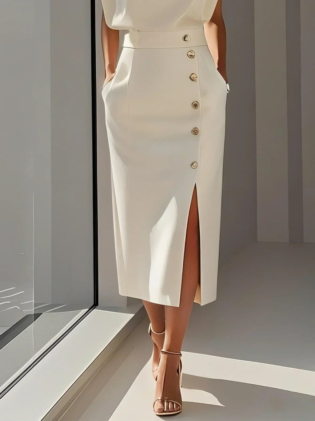 Kathleen | Women's Round Neck Front Slit Sleeveless Midi Dress