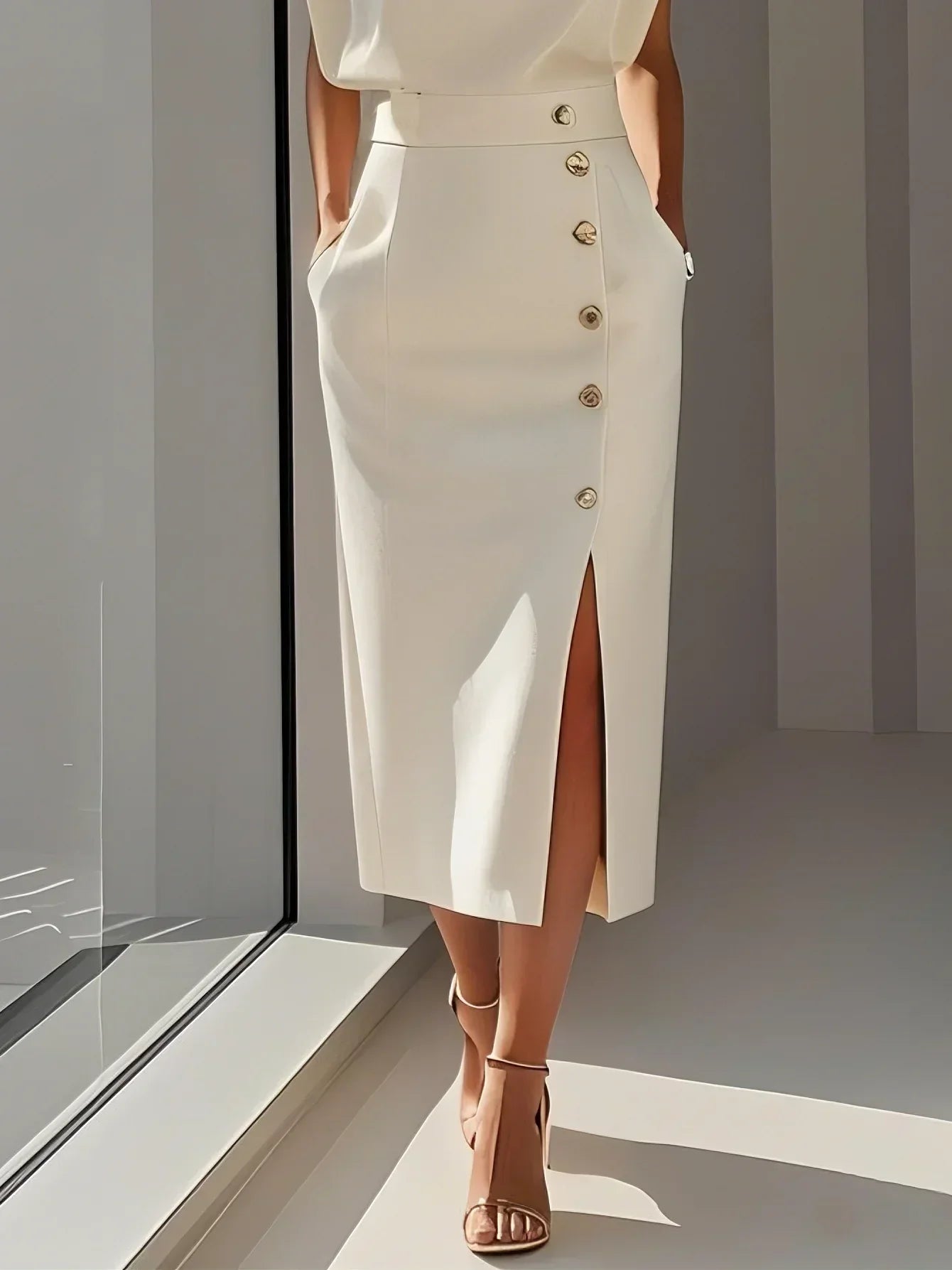Kathleen | Women's Round Neck Front Slit Sleeveless Midi Dress