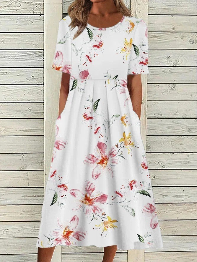 Kathryn | Women's Short Sleeve A Line Flowy Midi Dress