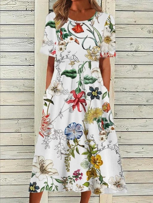 Kathryn | Women's Short Sleeve A Line Flowy Midi Dress