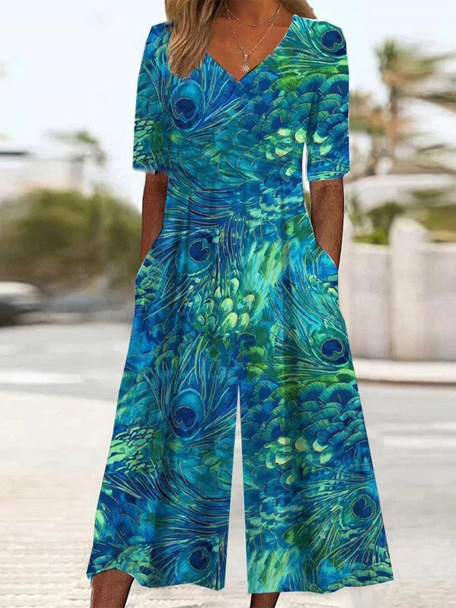 Kayleigh | Women's Printed Short Sleeve V Neck Pocket Jumpsuit