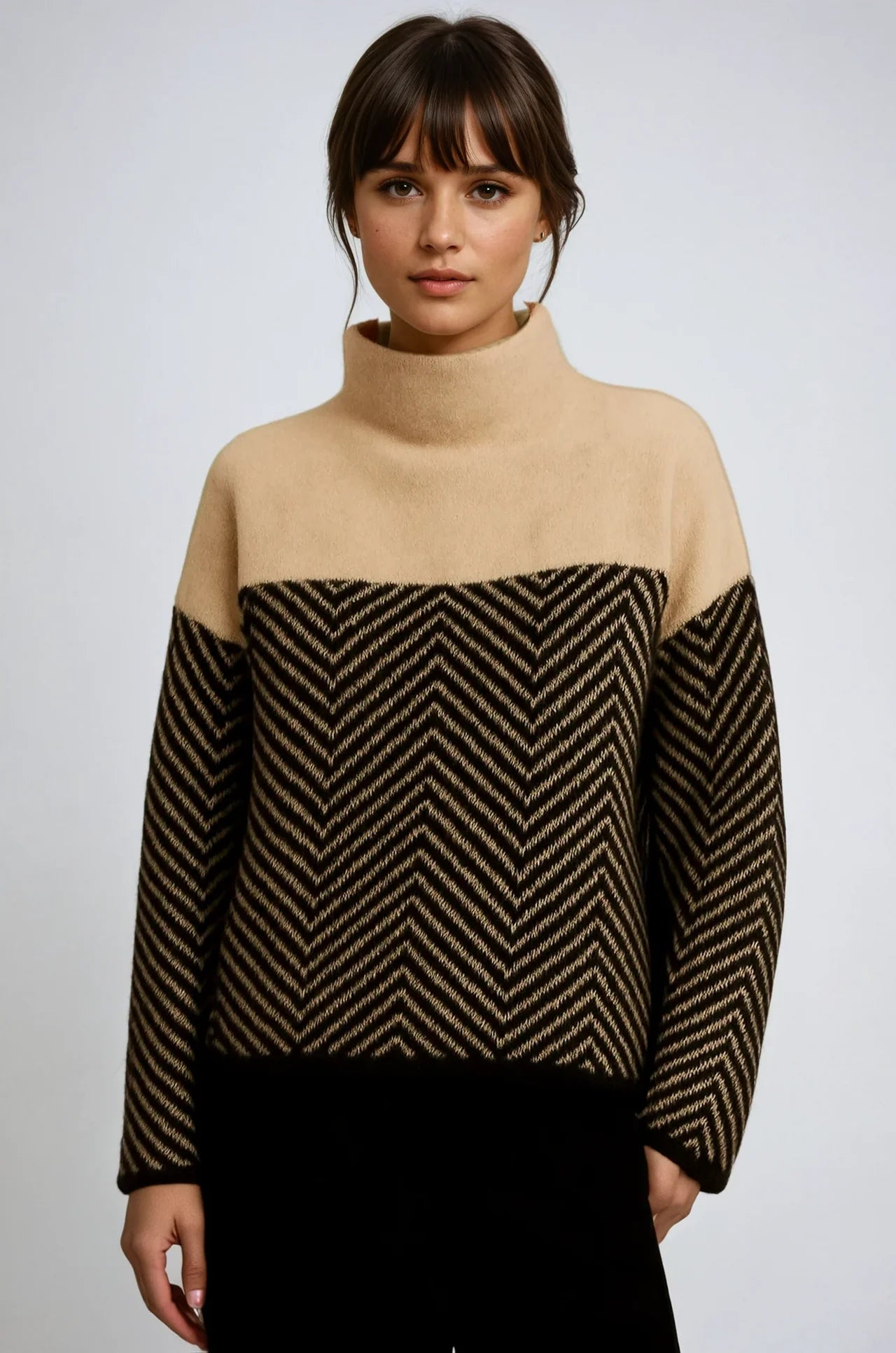Kelsey | Women’s Turtle Neck Chevron Patterned Long Sleeve Sweater