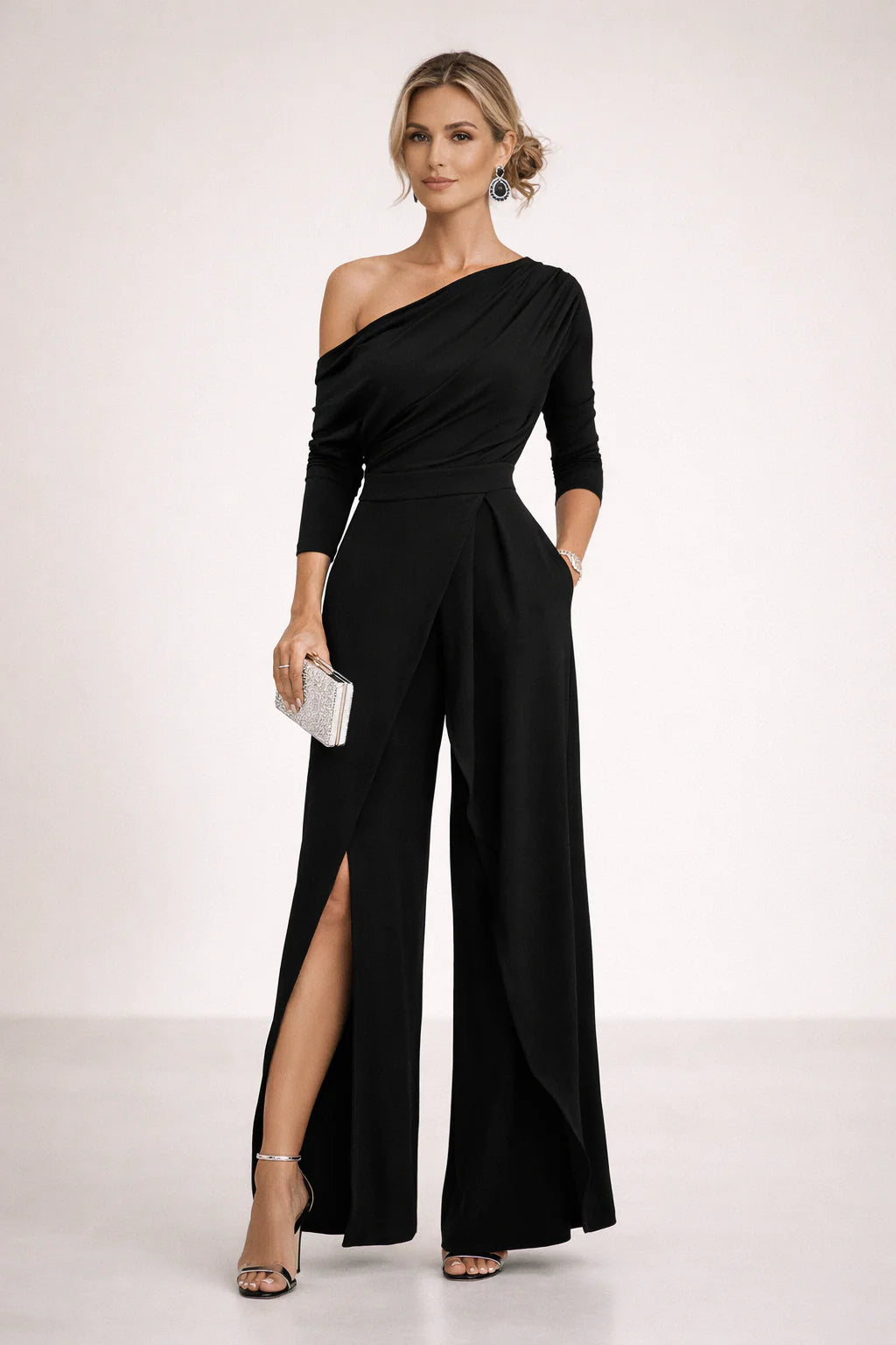Kenna | Women’s Wide Leg One Shoulder Draped High Slit Jumpsuit