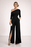 Kenna | Women’s Wide Leg One Shoulder Draped High Slit Jumpsuit