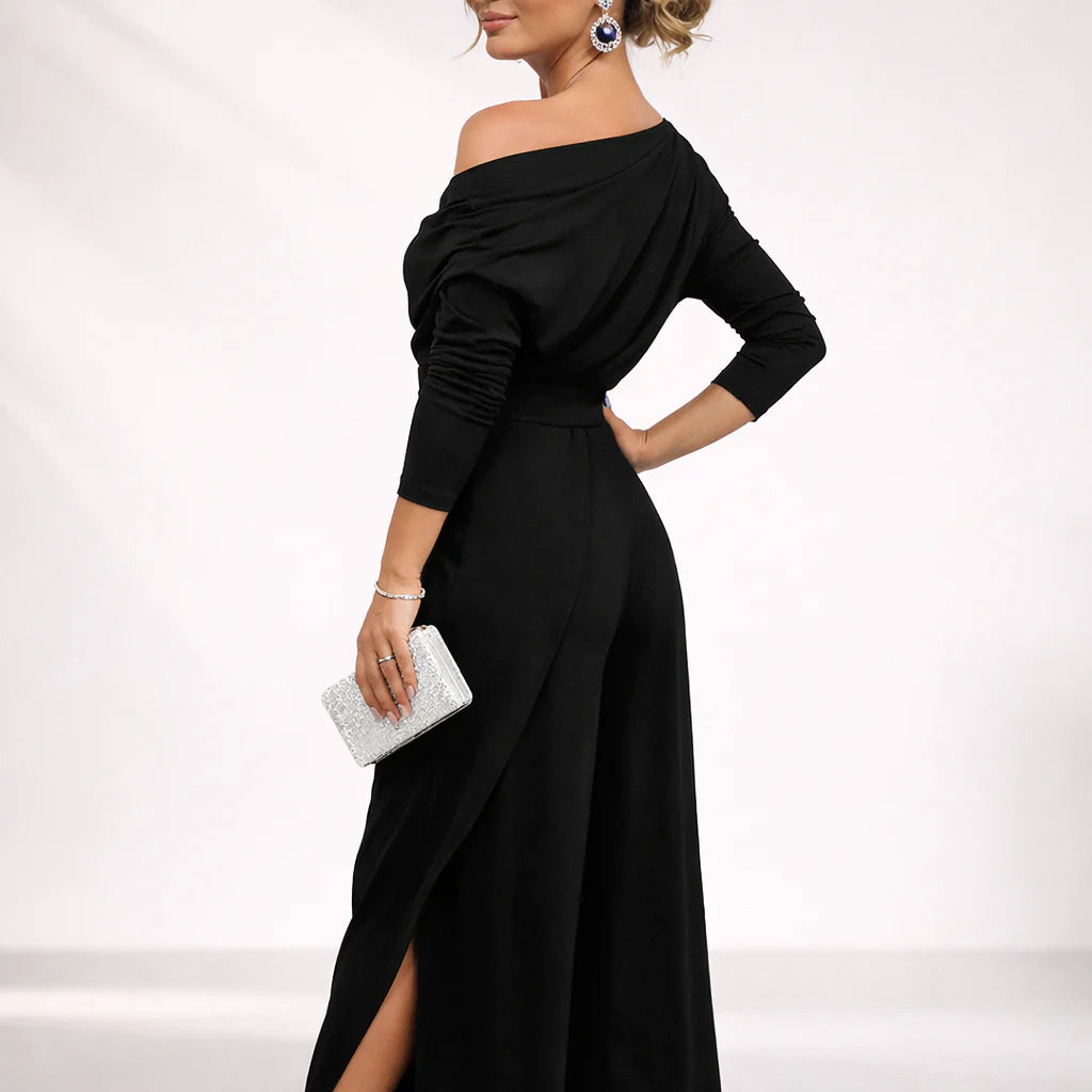 Kenna | Women’s Wide Leg One Shoulder Draped High Slit Jumpsuit