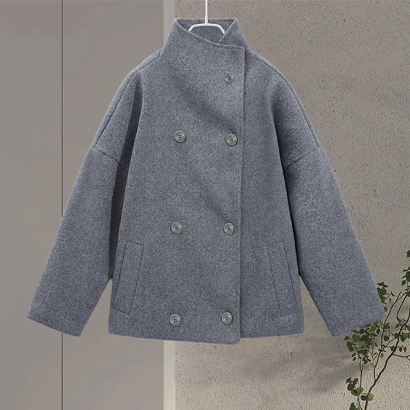 Keren | Women’s Collared Double Breasted Long Sleeve Button Front Coat