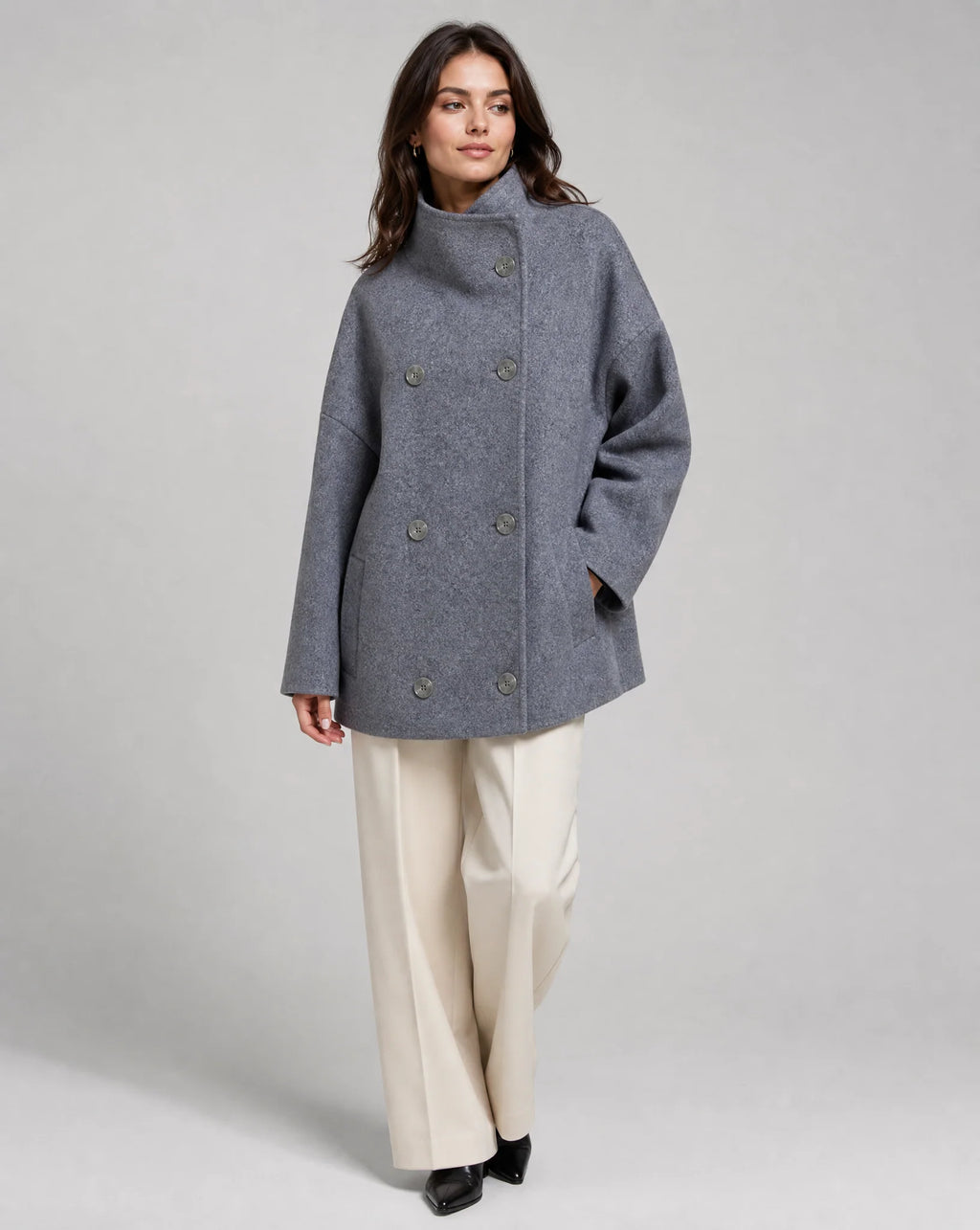 Keren | Women’s Collared Double Breasted Long Sleeve Button Front Coat