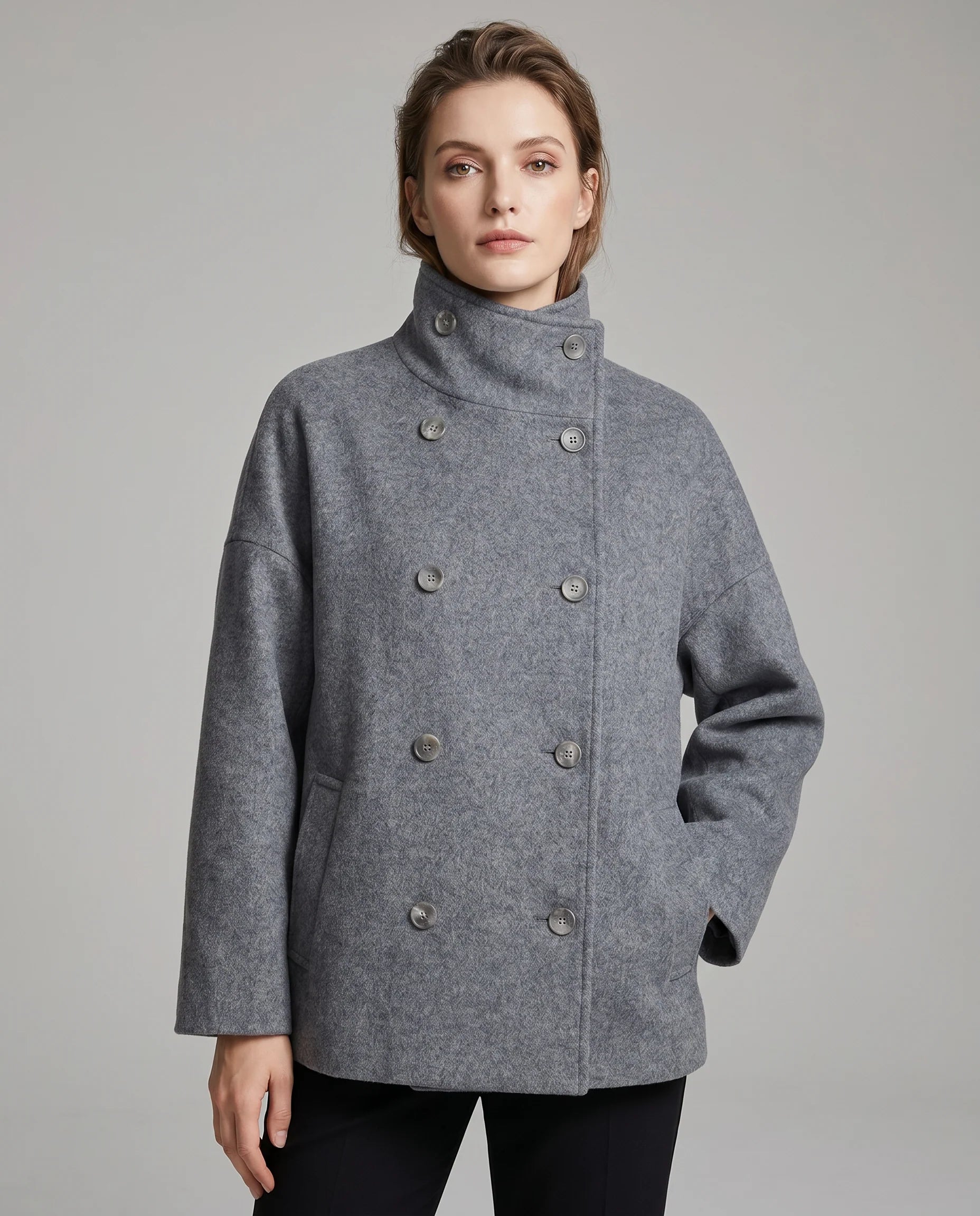 Keren | Women’s Collared Double Breasted Long Sleeve Button Front Coat