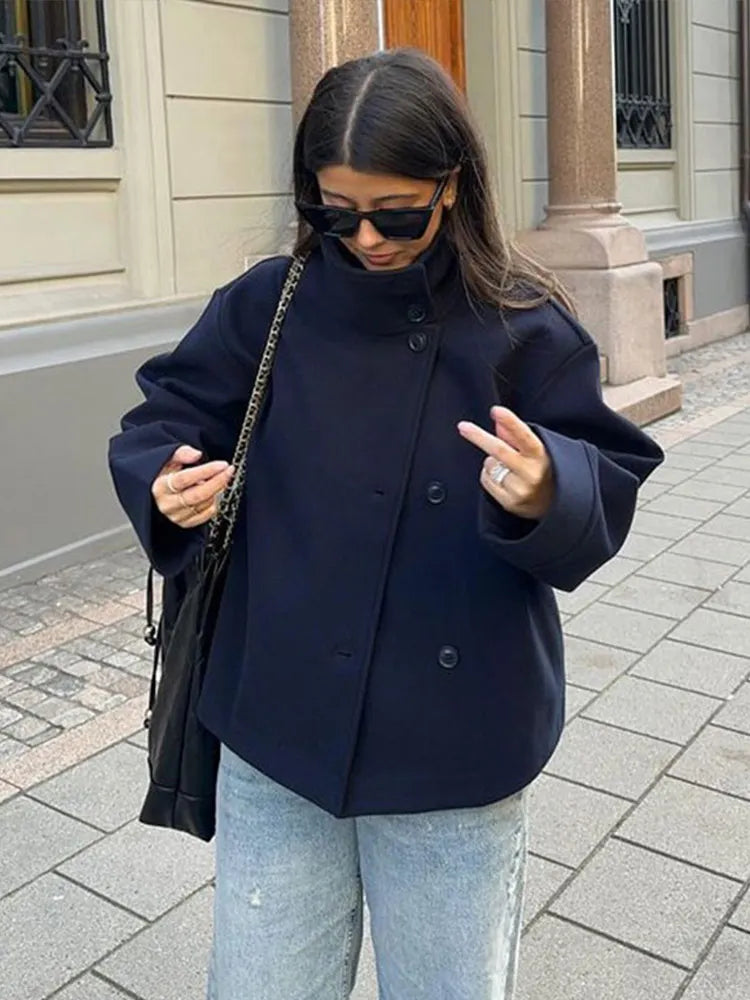 Keren | Women’s Collared Double Breasted Long Sleeve Button Front Coat