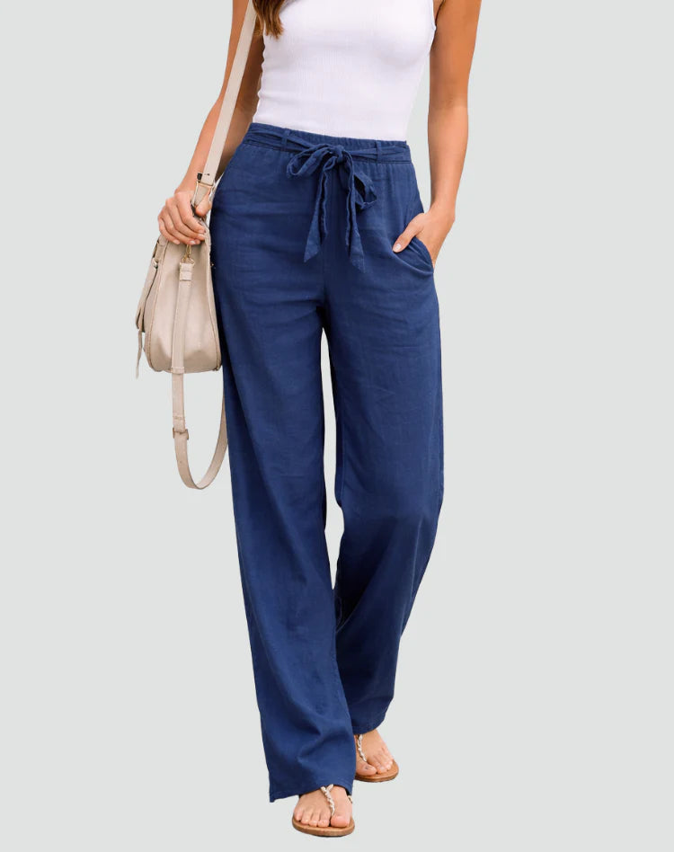 Khalia | Women’s Straight Leg Waist Tie High Rise Summer Trousers