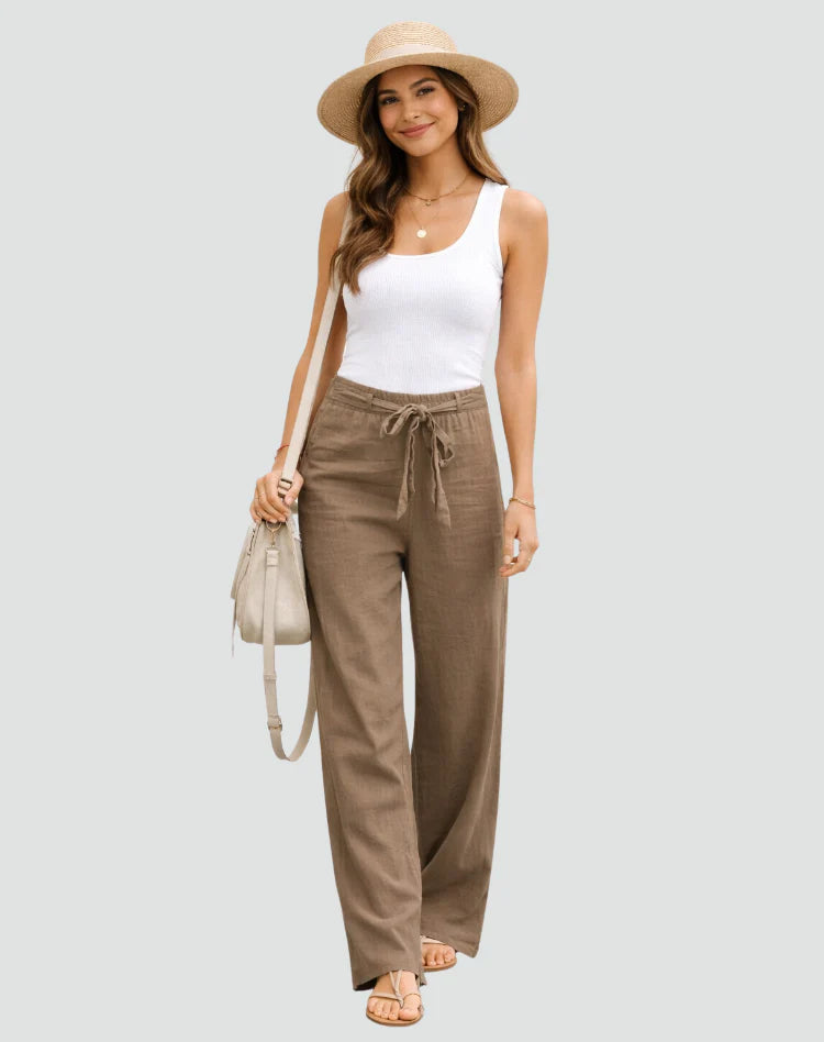 Khalia | Women’s Straight Leg Waist Tie High Rise Summer Trousers