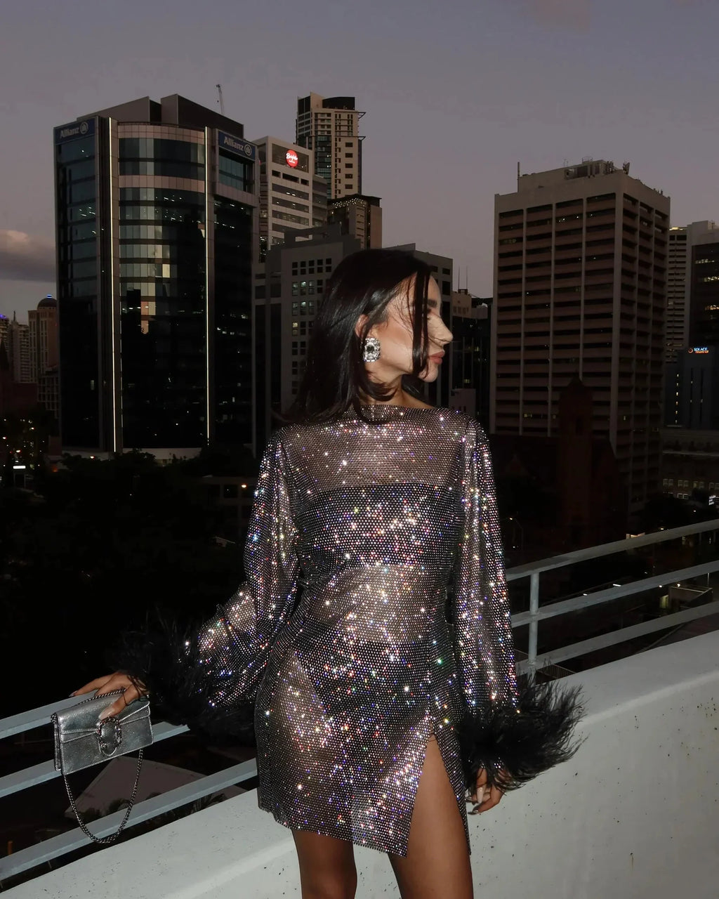 Khara | Women's Sequin Long Sleeve Boat Neck Mini Party Dress