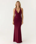 Kimberley | Women's Ruched Sleeveless Open Back Halter Neck Maxi Dress