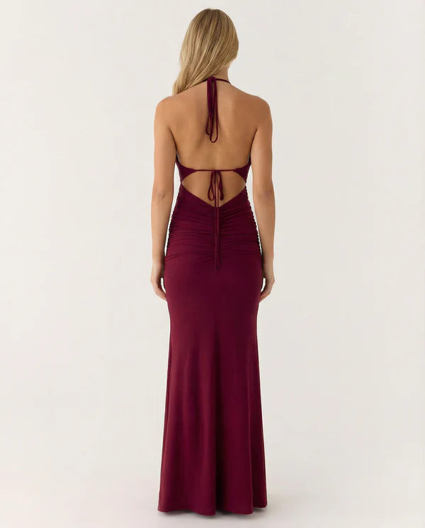 Kimberley | Women's Ruched Sleeveless Open Back Halter Neck Maxi Dress