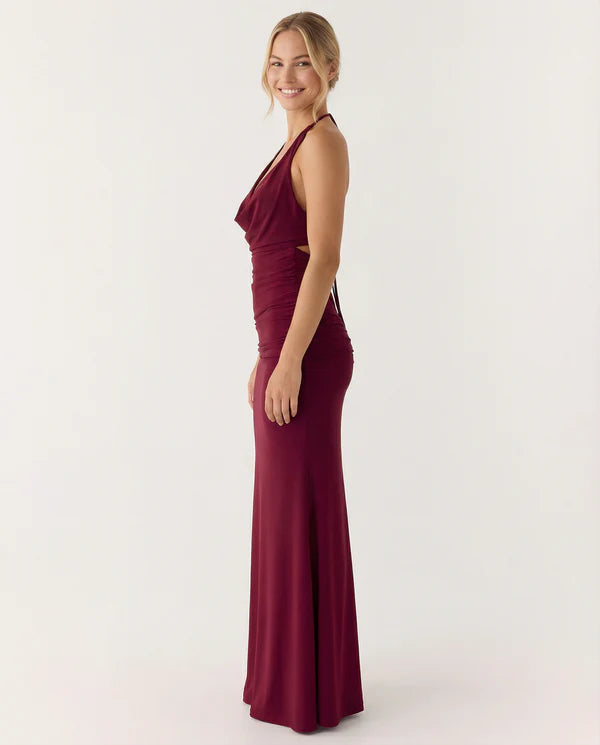 Kimberley | Women's Ruched Sleeveless Open Back Halter Neck Maxi Dress