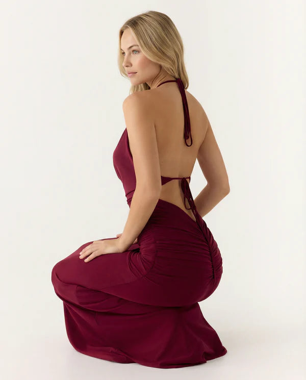 Kimberley | Women's Ruched Sleeveless Open Back Halter Neck Maxi Dress