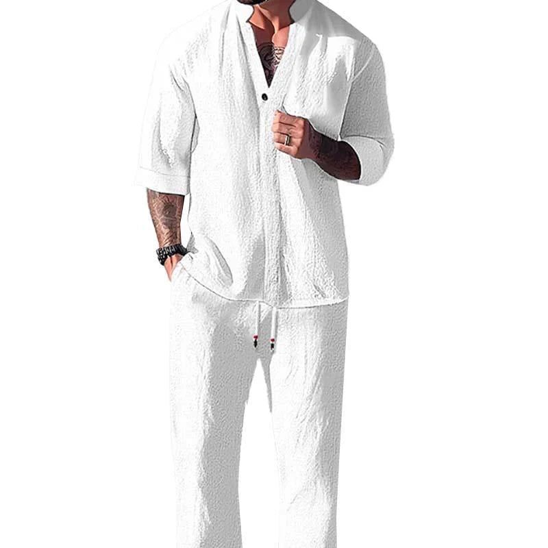 Kinsley | Men's Stand Collar Drawstring Button Front Two Piece Set