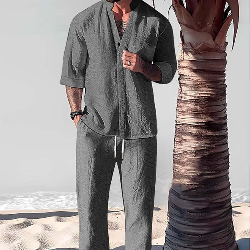 Kinsley | Men's Stand Collar Drawstring Button Front Two Piece Set