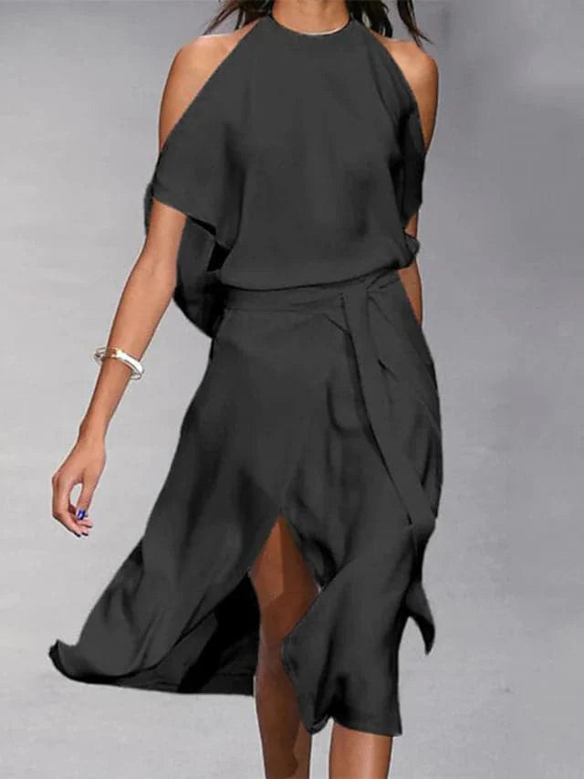 Kirstie | Women's High Neck Off Shoulder High Slit Midi Dress