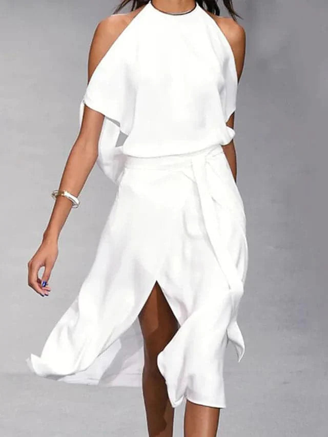 Kirstie | Women's High Neck Off Shoulder High Slit Midi Dress