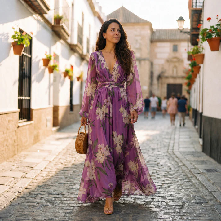 Kirstin | Women's Long Sleeve V Neck Floral Print Flowy Maxi Dress
