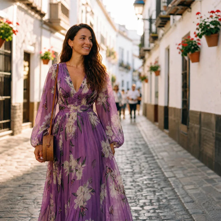 Kirstin | Women's Long Sleeve V Neck Floral Print Flowy Maxi Dress