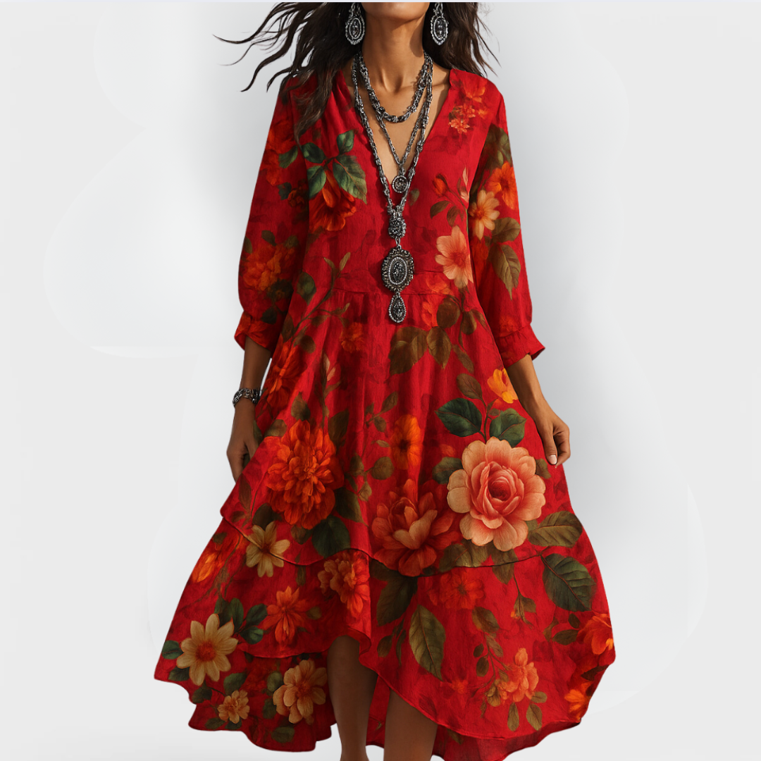 Kristina | Women's Floral V-Neck A Line Flowy Midi Dress