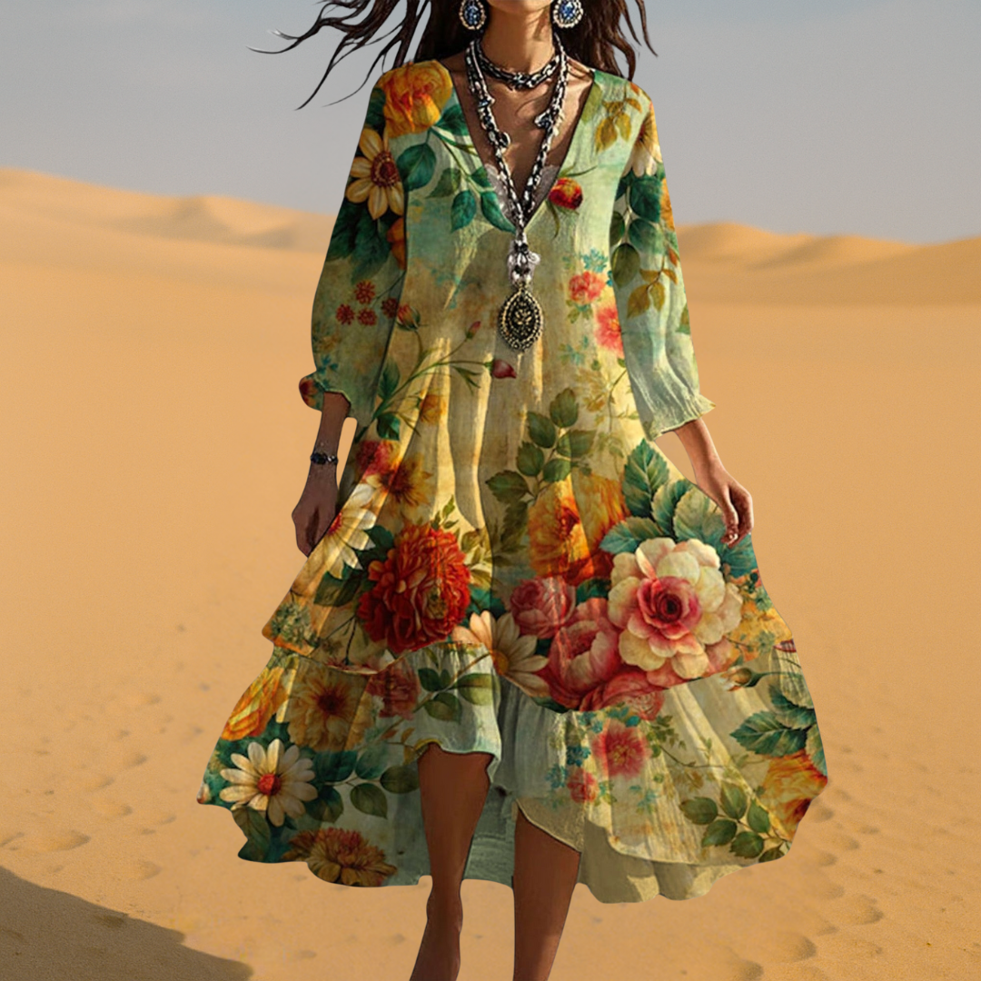 Kristina | Women's Floral V-Neck A Line Flowy Midi Dress