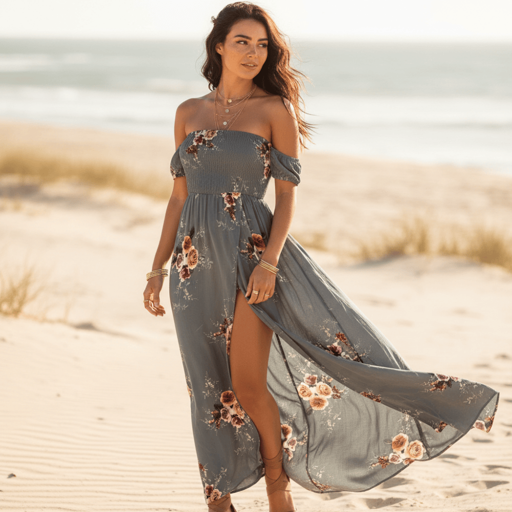 Leslie | Women's Floral High Slit Off Shoulder Boho Maxi Dress