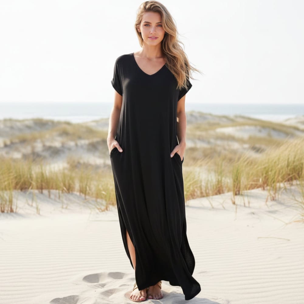 Lillian | Women's Short Sleeve V-Neck Flowy Boho Maxi Dress