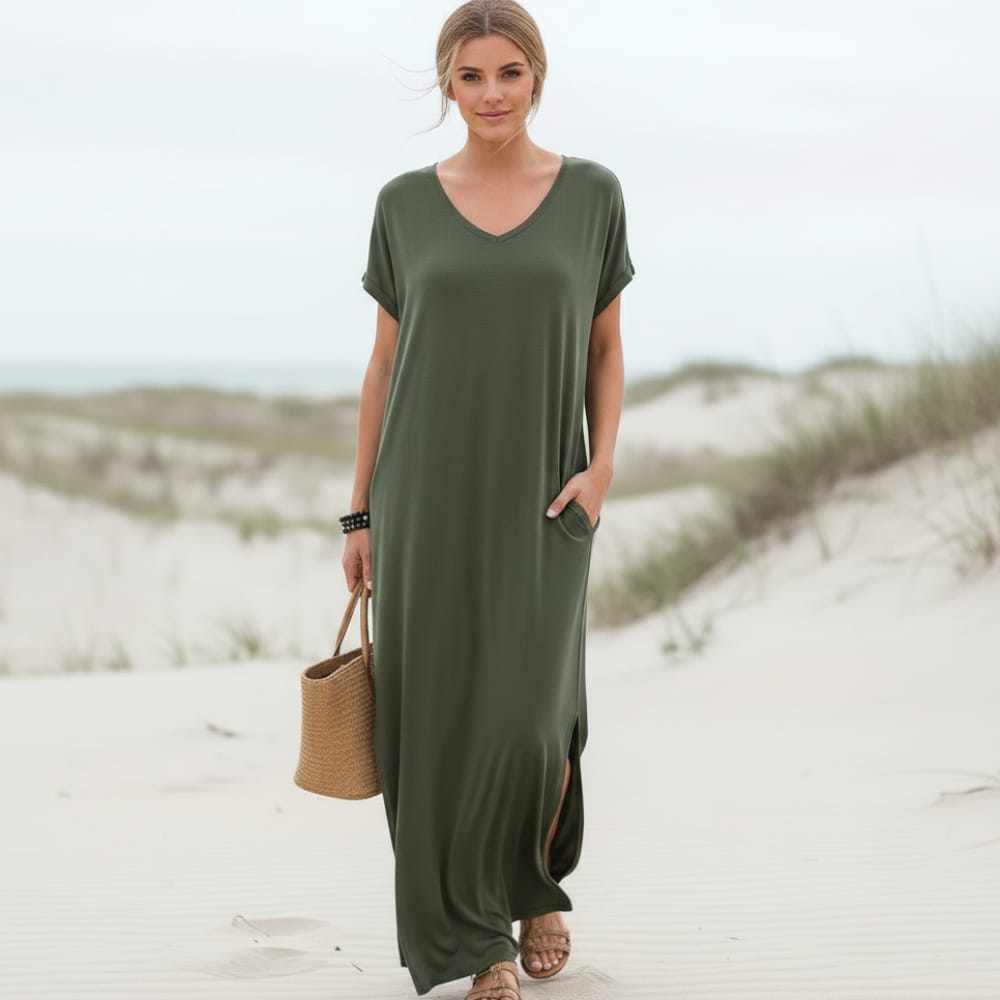 Lillian | Women's Short Sleeve V-Neck Flowy Boho Maxi Dress
