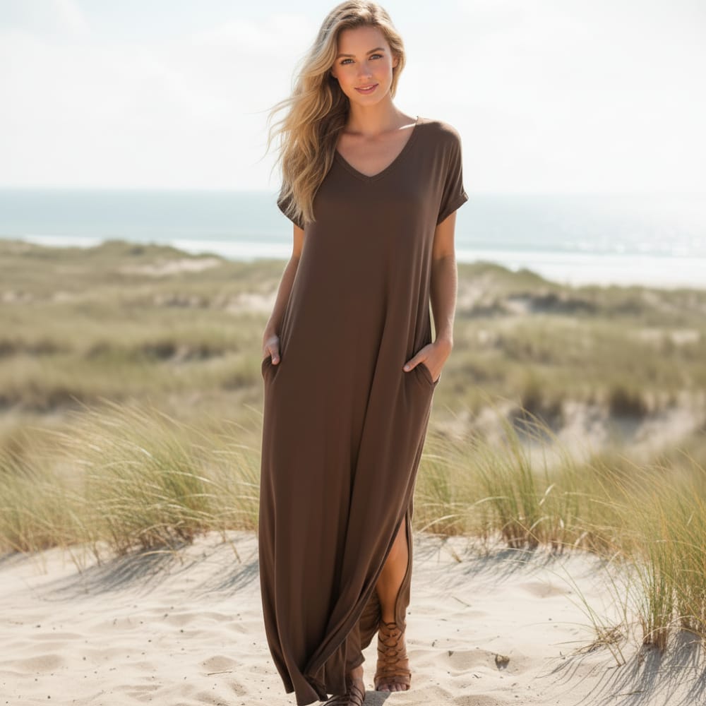 Lillian | Women's Short Sleeve V-Neck Flowy Boho Maxi Dress