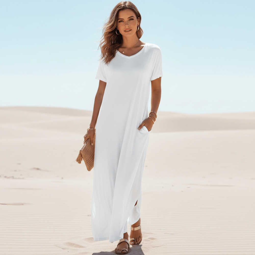 Lillian | Women's Short Sleeve V-Neck Flowy Boho Maxi Dress
