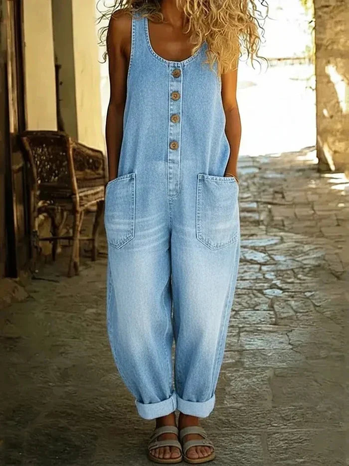 Lin | Women's Scoop Neck Button-Front Sleeveless Denim Jumpsuit