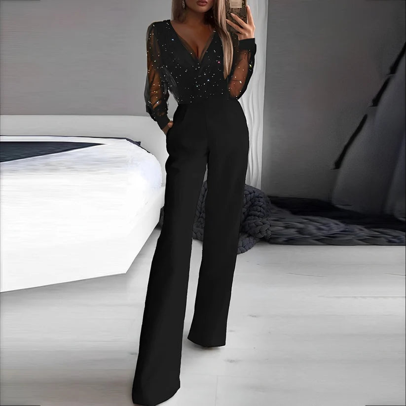 Linnea | Women's Wide Leg V-Neck Long Sleeve Pockets Jumpsuit