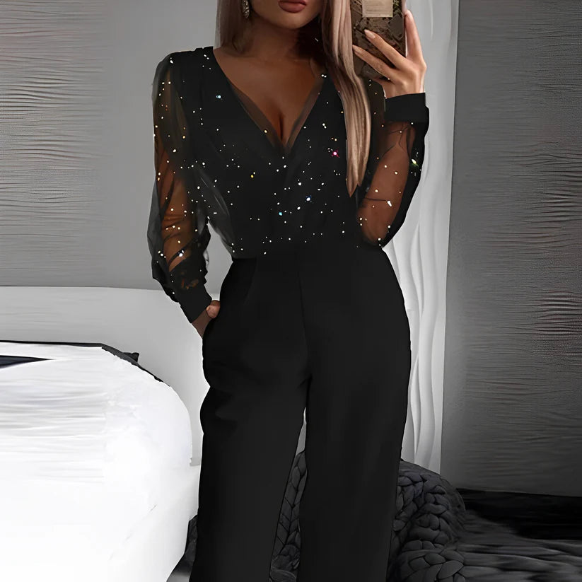 Linnea | Women's Wide Leg V-Neck Long Sleeve Pockets Jumpsuit