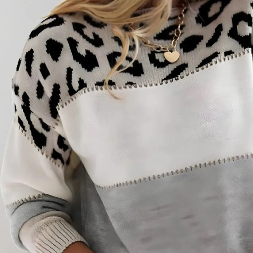 Liona | Women’s Crew Neck Leopard Print Colorblock Sweater